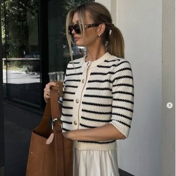 Zara women STRIPED KNIT CARDIGAN Black white stripes Gold button 6771/008 XL NWT - Picture 1 of 13